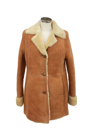 Women's Button Fastening Suede Leather Sheepskin Jacket in Tan