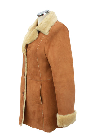 Women's Button Fastening Suede Leather Sheepskin Jacket in Tan