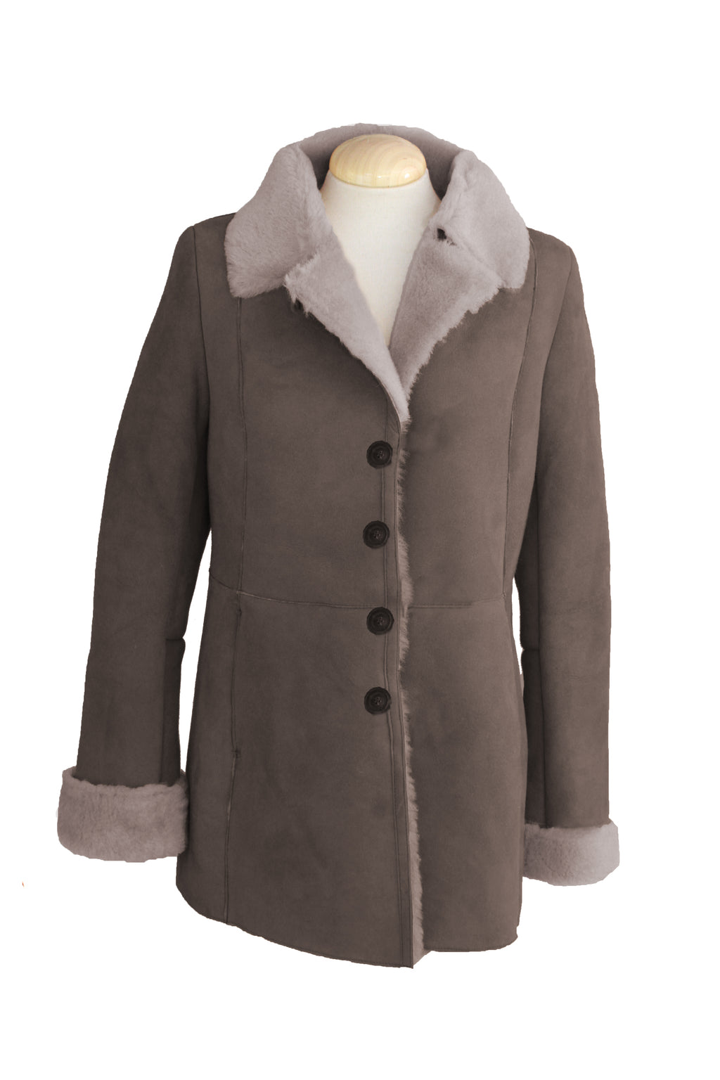 Women's Button Fastening Suede Leather Sheepskin Jacket in Vizon Grey