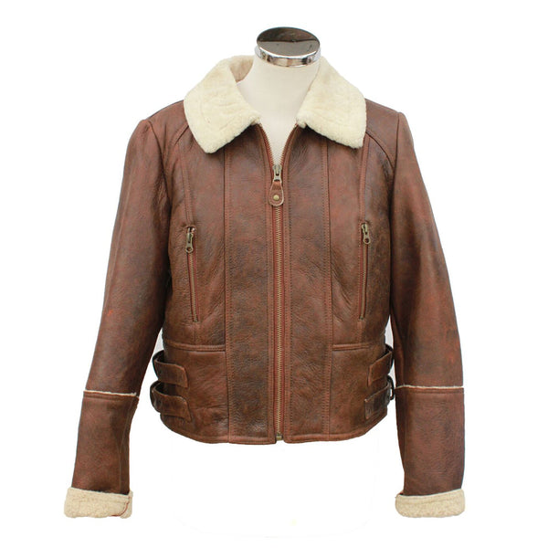 Women s Short Centre Zip Leather Sheepskin Jacket in Brick Forest Lucci Leatherwear