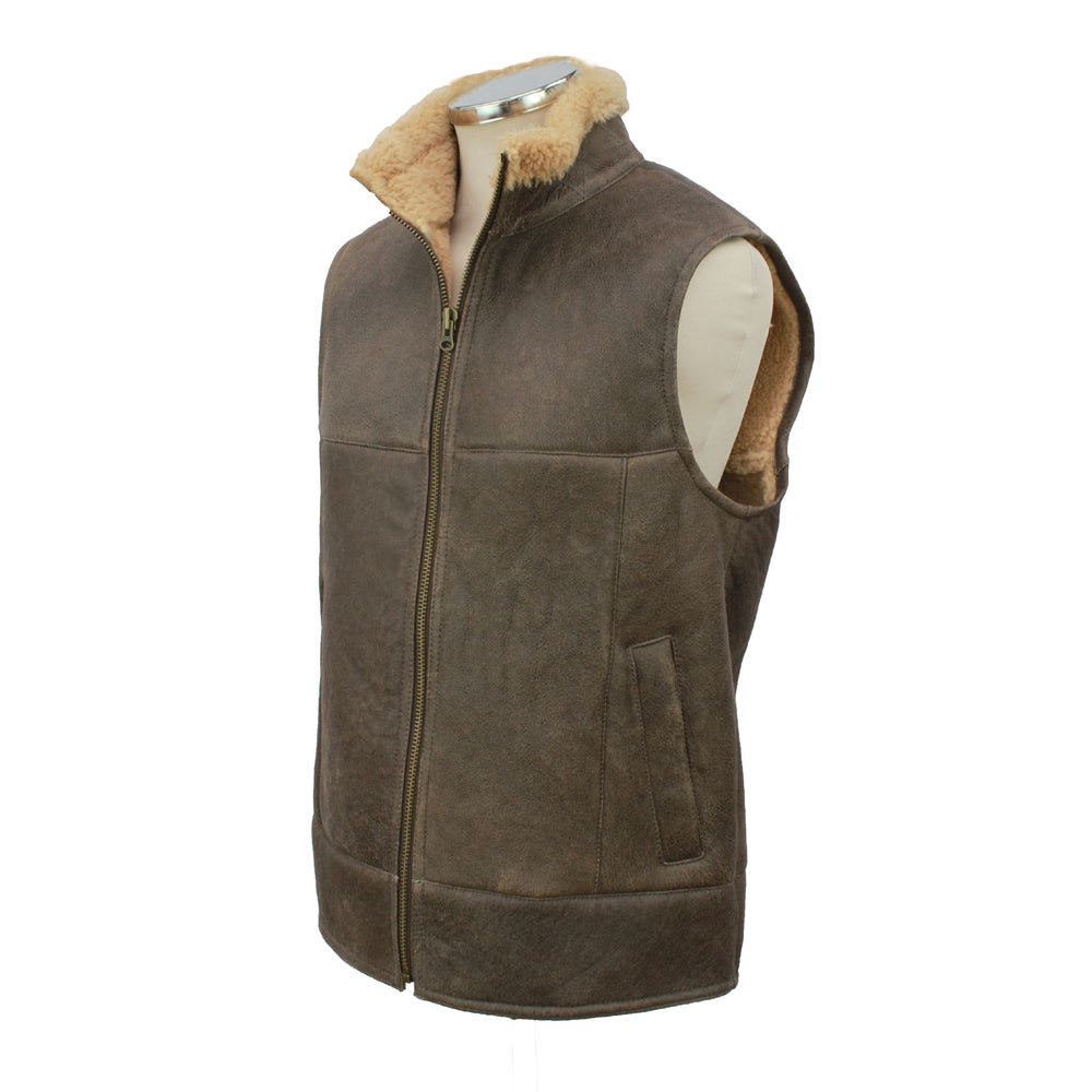 Men's Traditional Centre Zip Sheepskin Gilet in Chocolate Forest