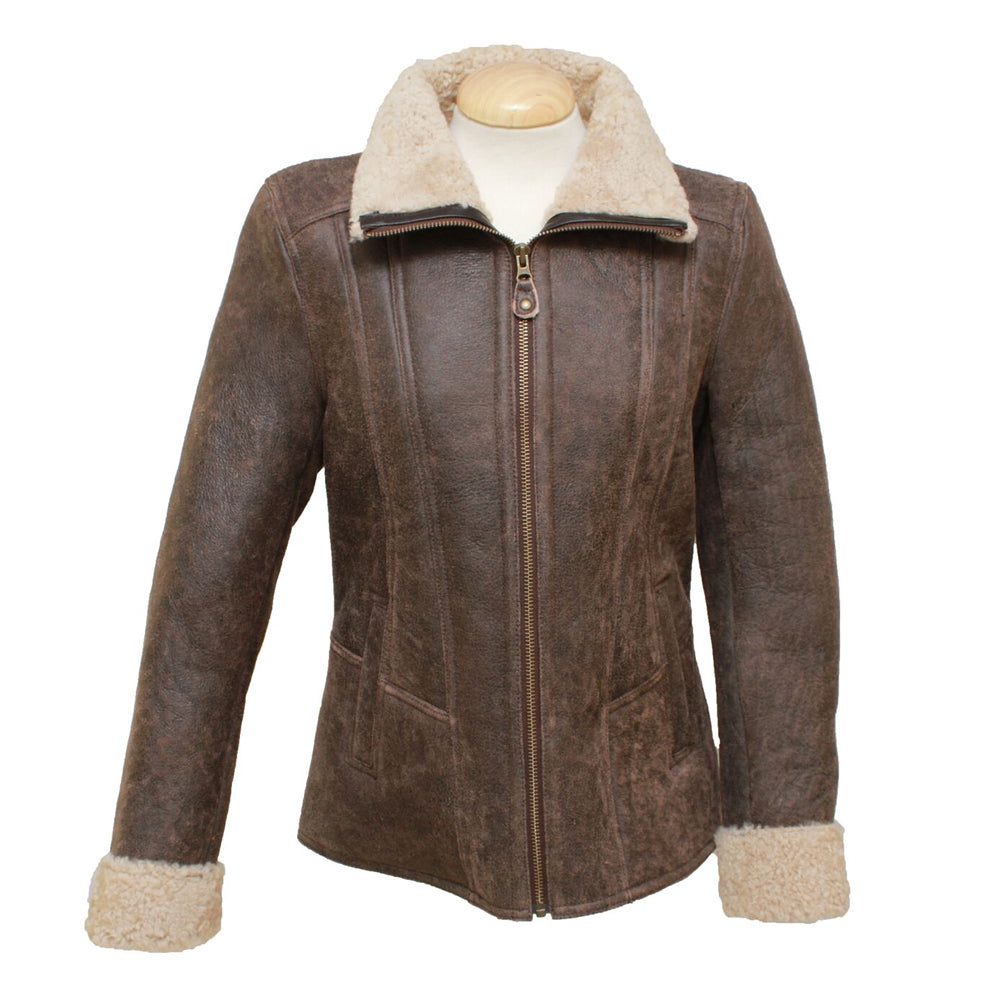 Women's Aviator Centre Zip Leather Sheepskin Jacket in Chocolate Forest