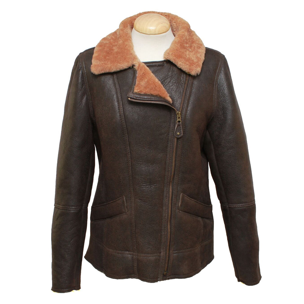 Women's Classic Cross Zip Leather Sheepskin Jacket in Caramel