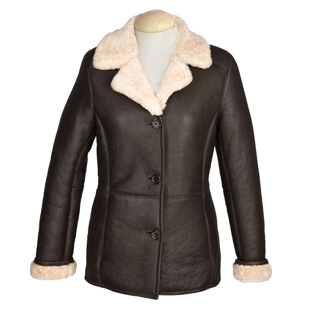 Women's Traditional Centre Button Leather Sheepskin Jacket in Chocolate Forest