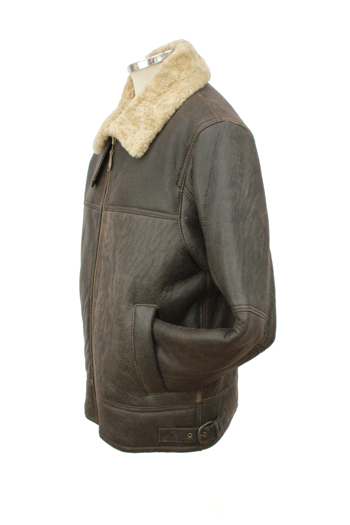 Men's Classic Centre Zip Sheepskin Jacket in Dark Brown Distressed